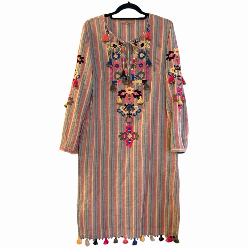 Rose Rose Embroidered Tassel Cotton Tunic Dress L Multi Stripe Boho Luxe Global